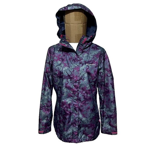 Columbia Rain Jacket Womens Medium Gray Purple Camo Omni-Tech Hooded Waterproof - Picture 1 of 12